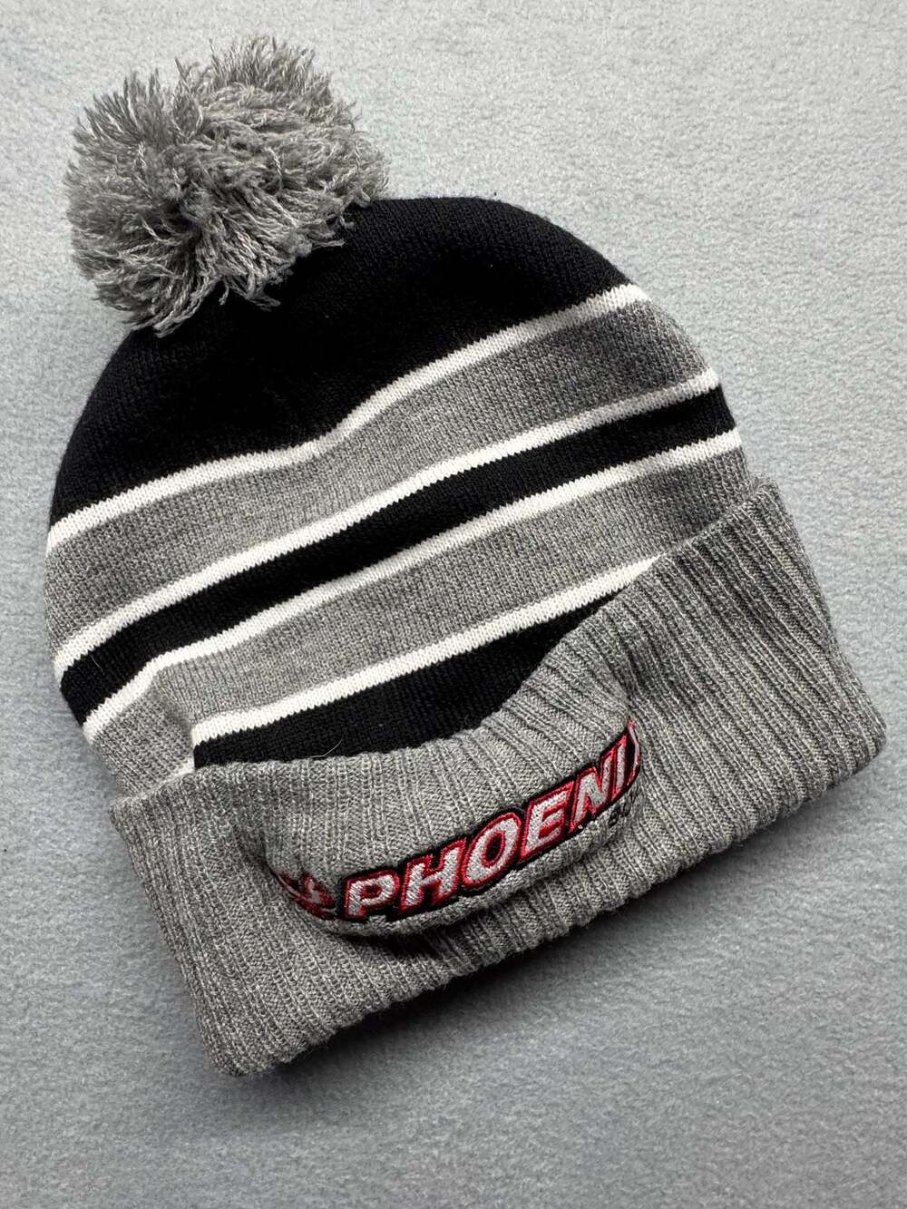 CapAmerica Phoenix Striped Cuff Pom Beanie Hat Black Gray